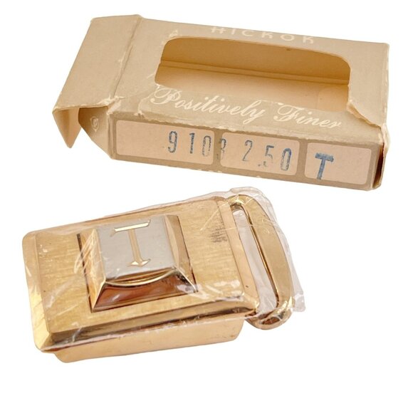Hickok Gold Tone Initial T Belt Buckle Late 1950s in Box - Picture 5 of 9